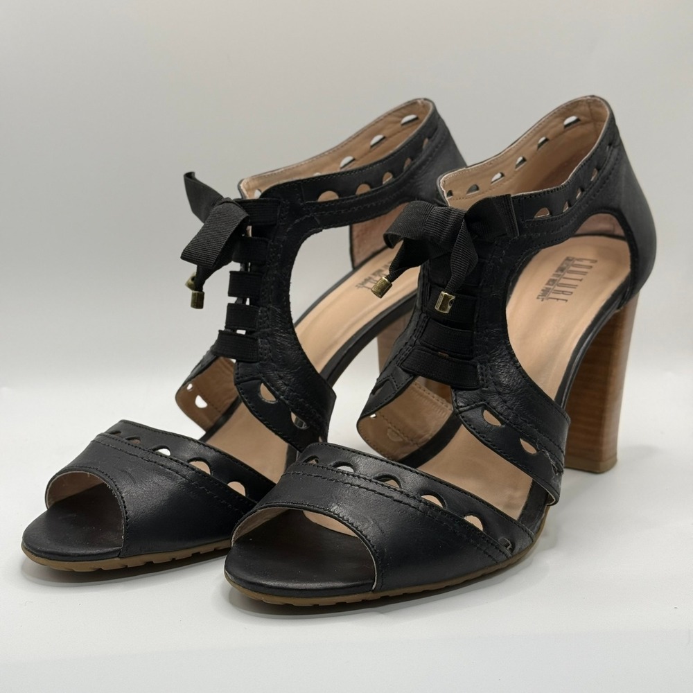 Hush Puppies Couture Black Leather Scalloped Lace Up Block Heel Sandals Size 10